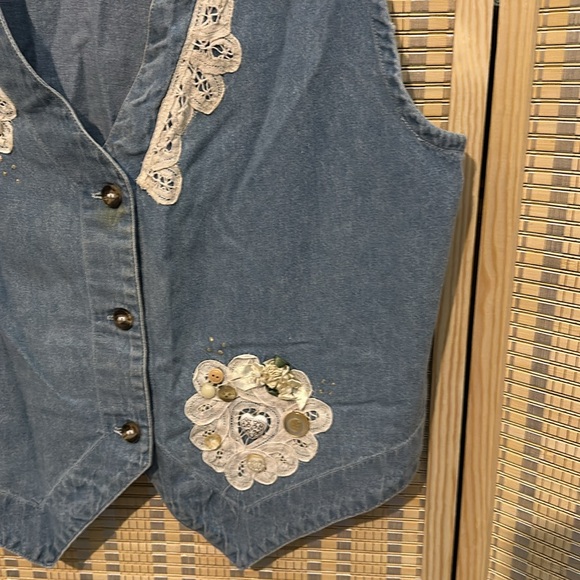 Blue Diamond Vintage 1990s Blue Denim Vest Lace Floral Appliques & Trim Large - Picture 5 of 15